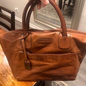 Frye Cognac Leather Tote with Branded Leather Tag